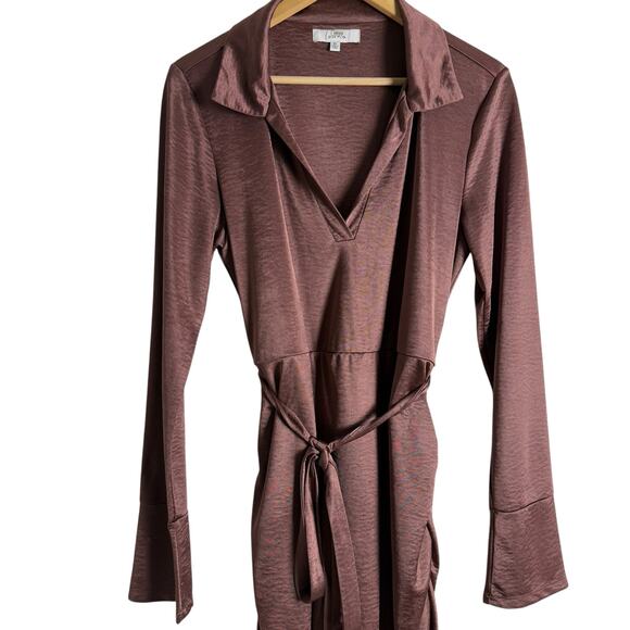Louna Brown Jersey Long Sleeve Ruched Belted Collared Mini Dress Size XL - Picture 8 of 15